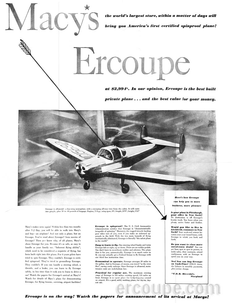 1945 poster from Macy's advertising the Ercoupe